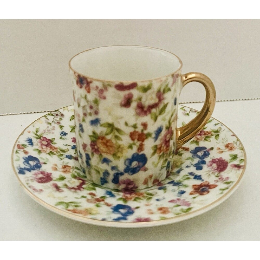 vintage Saji floral chintz cup and saucer set Gold Accents Occupied Japan
